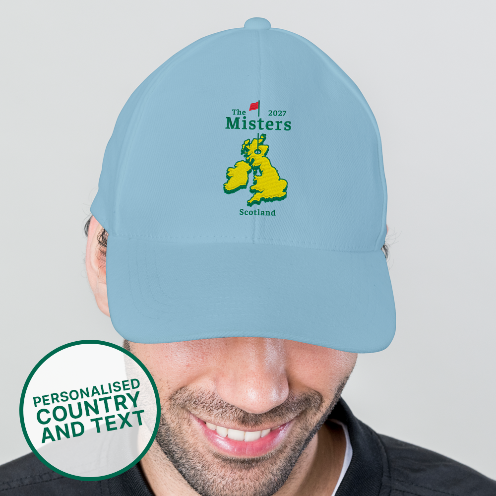 A male model wearing a custom golf cap which is Masters-inspired where you can change the country on the logo and also put the date and a custom line of text 