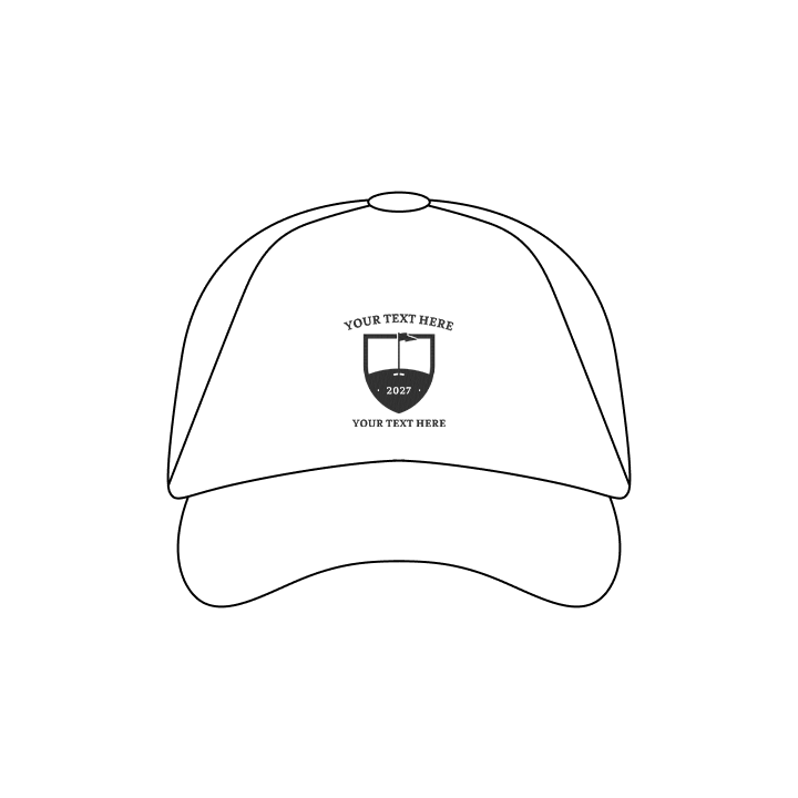 A custom golf cap with a tour crest design that you can personalise with a date and also a line of custom text above and below the design 