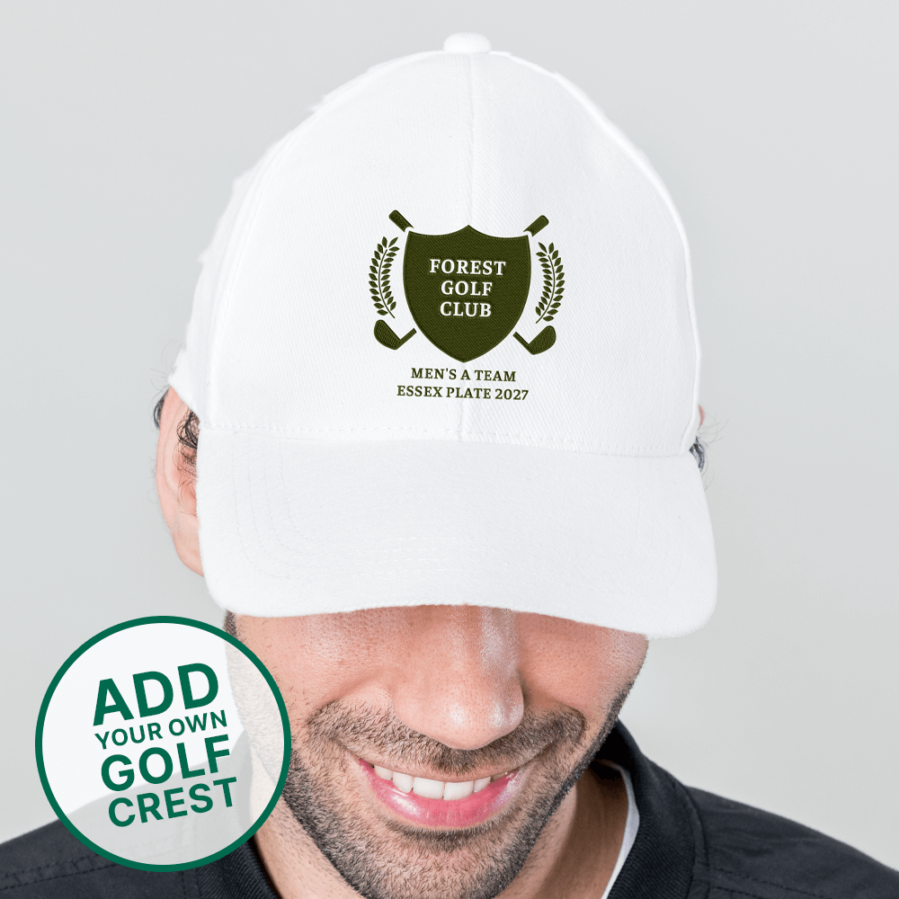 A male model wearing a golf cap that has a custom golf crest on it with custom text reading Forest Golf Club, Men's A Team, Essex Plate 2027 