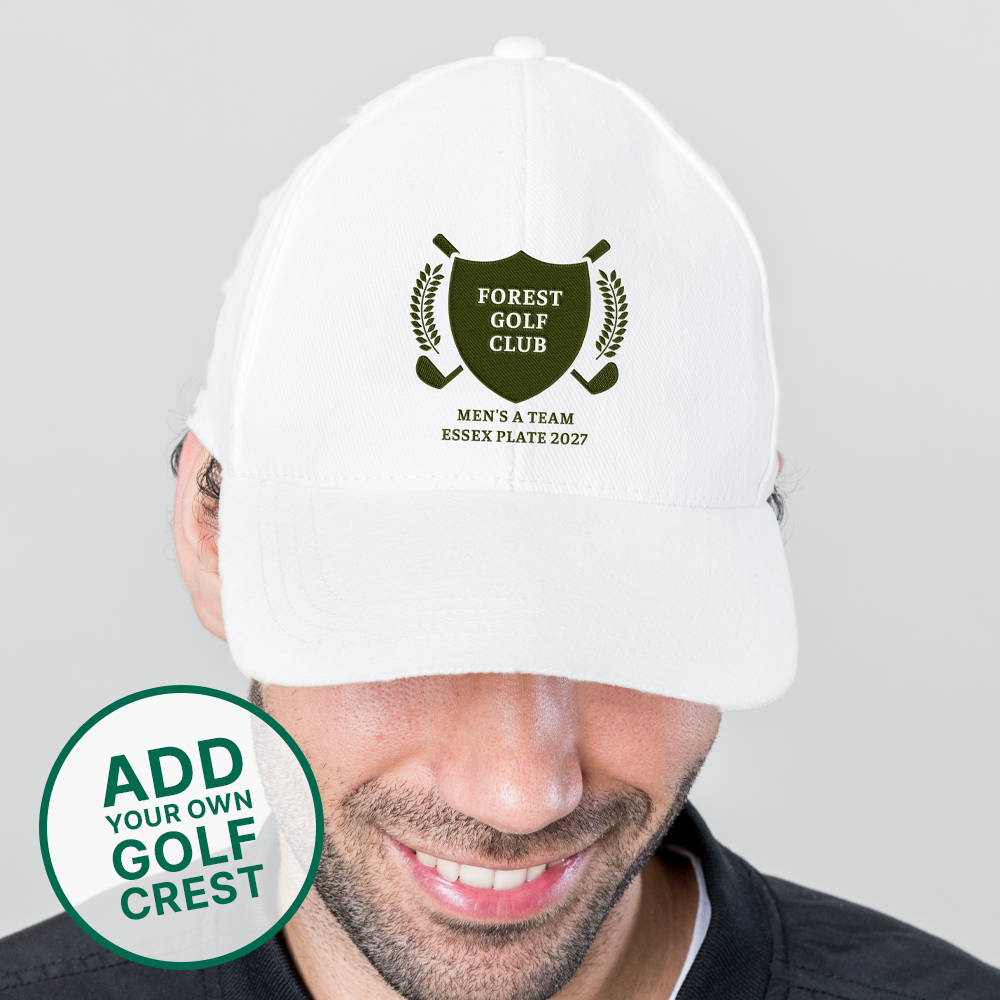 A male model wearing a golf cap that has a custom golf crest on it with custom text reading Forest Golf Club, Men's A Team, Essex Plate 2027 