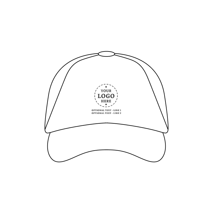 A white golf cap which reads your logo here, optional text line 1, optional text line 2 