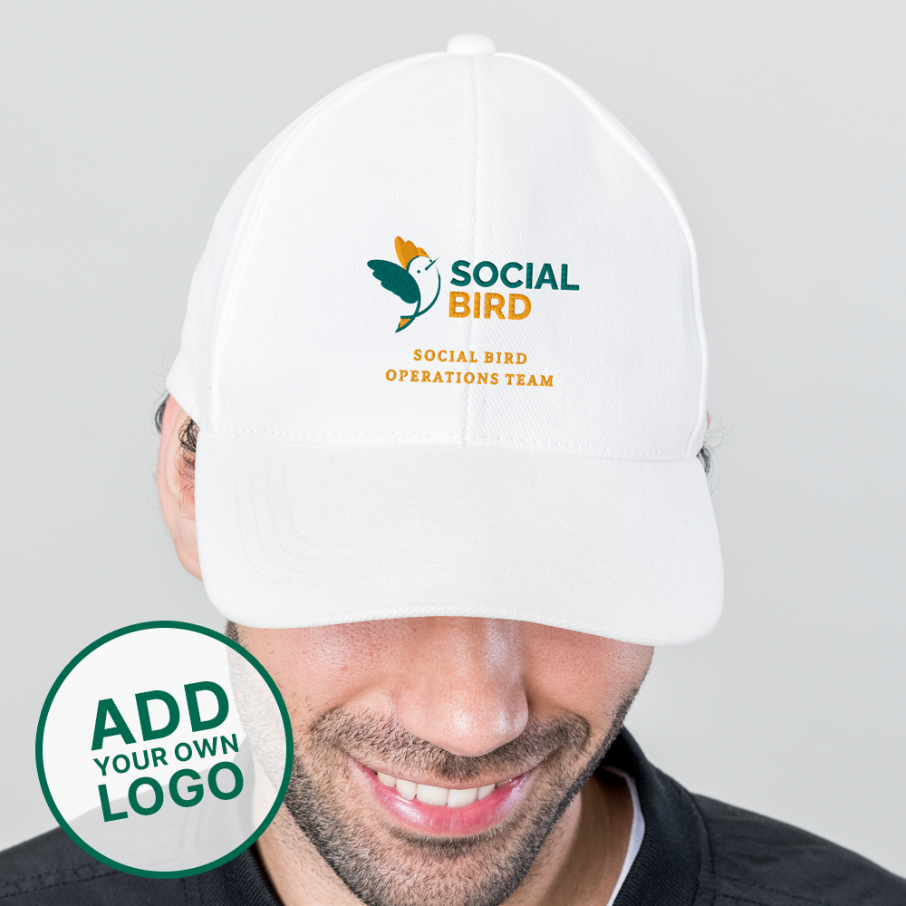 A male model wearing a white golfing cap with a golf logo embroidered onto it reading social bird, social bird operations team 