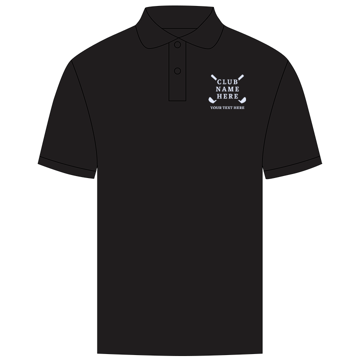 A black golfing polo with an embroidered logo reading Club Name Here with a design of two golf clubs crossed over each other in an X shape behind the words club name here 