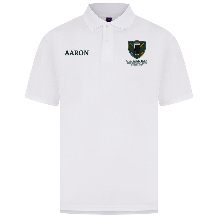 a white golfing shirt with an embroidered crest that has a pint of beer in front of golf clubs that cross over each other in an X shape with custom text reading Old Man Dan, 40th Birthday Tour, Dublin 2027