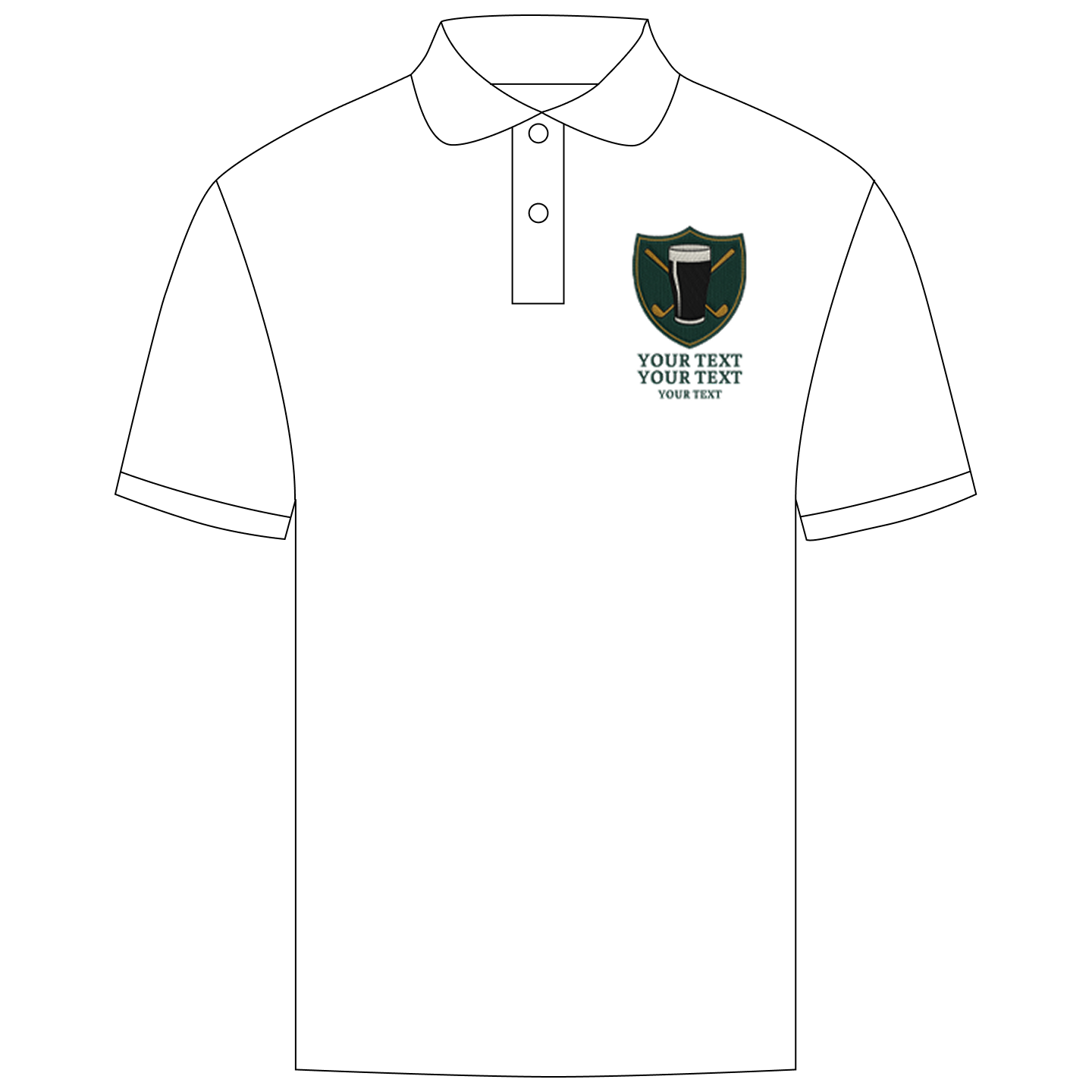 A white golfing polo with an embroidered crest that has a pint of Guinness in front of golf clubs that cross over each other in an X shape with custom text reading Old Man Dan, 40th Birthday Tour, Dub