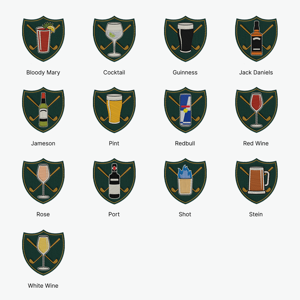 A selection of different drinks options you can get on your golf shirt with the options being Bloody Mary, Cocktail, Guinness., Jack Daniels, Jameson, Pint, Redbull, Red Wine, Rose, Port, Shot, Stein and White Wine