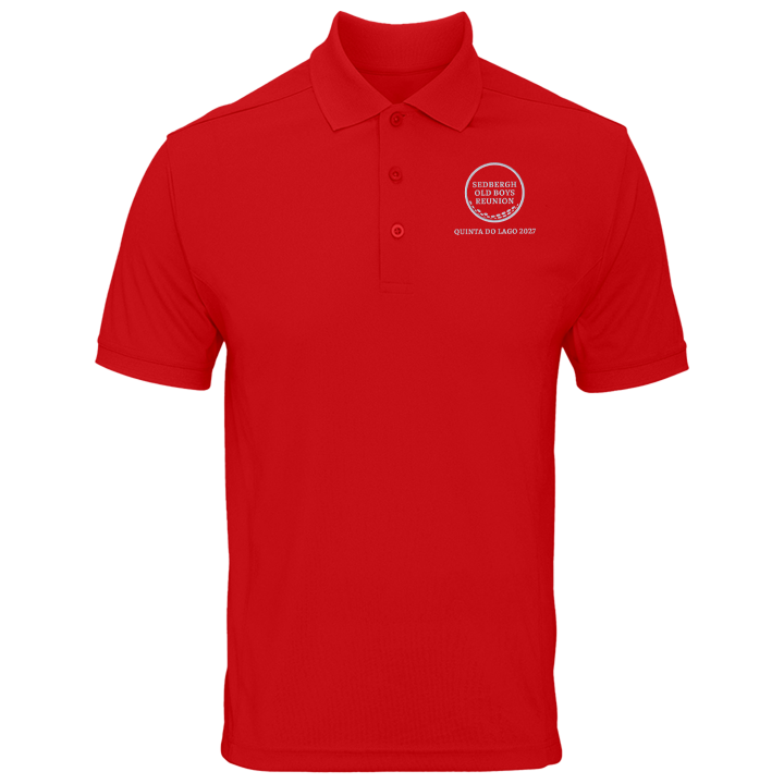 A red custom golf polo with a golf ball design that reads Sedbergh Old Boys Reunion inside the golf ball with Quinta Do Lago 2027 underneath it