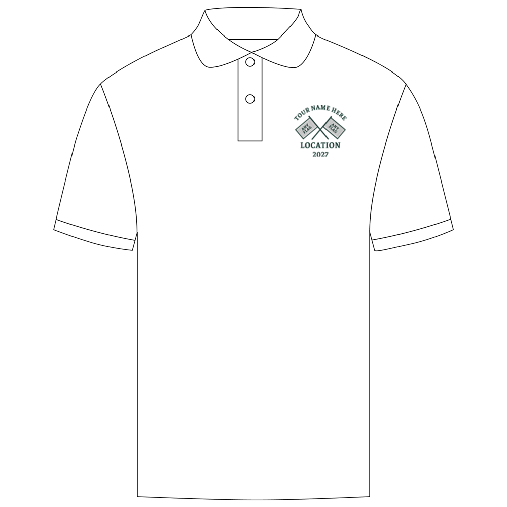 A custom golf polo with a multi flags design that reads tour name here, location, 2027 with flags that cross over each other reading any flag 