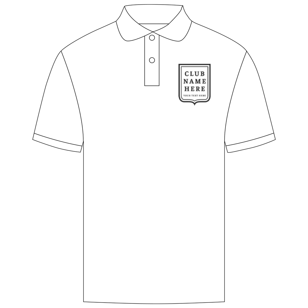 A black custom golf polo shirt with a society crest design that reads your club name here and underneath it reads your text here 