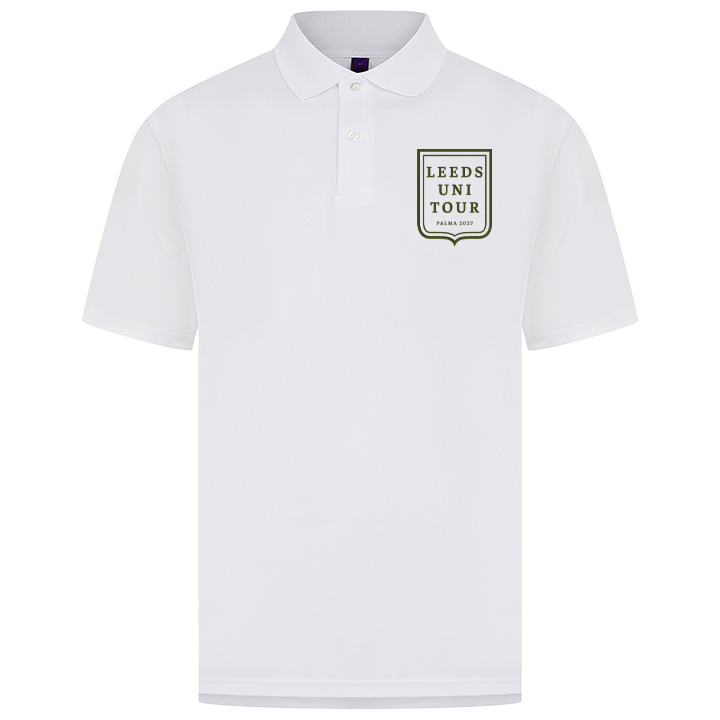 A white custom golf polo shirt with a society crest design that has been personalised with Leeds Uni Tour, Palma 2027