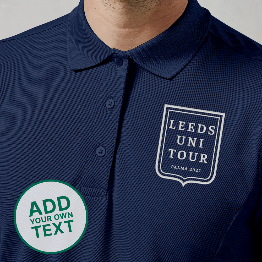 A male model wearing a dark blue custom golf polo shirt with a society crest design that has been personalised with Leeds Uni Tour, Palma 2027 