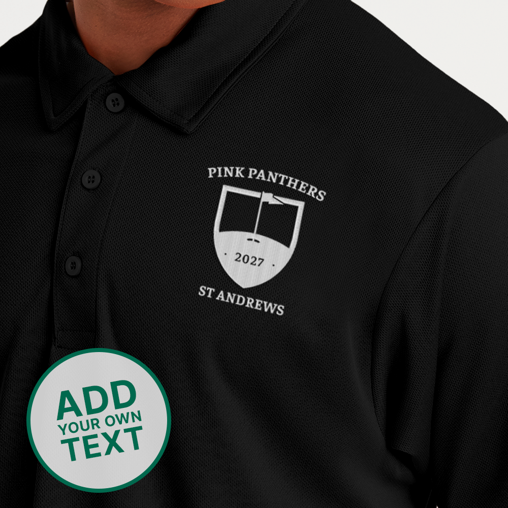A male model wearing a custom golf polo with a tour crest design that has been personalised with Pink Panthers, 2027, St Andrews 