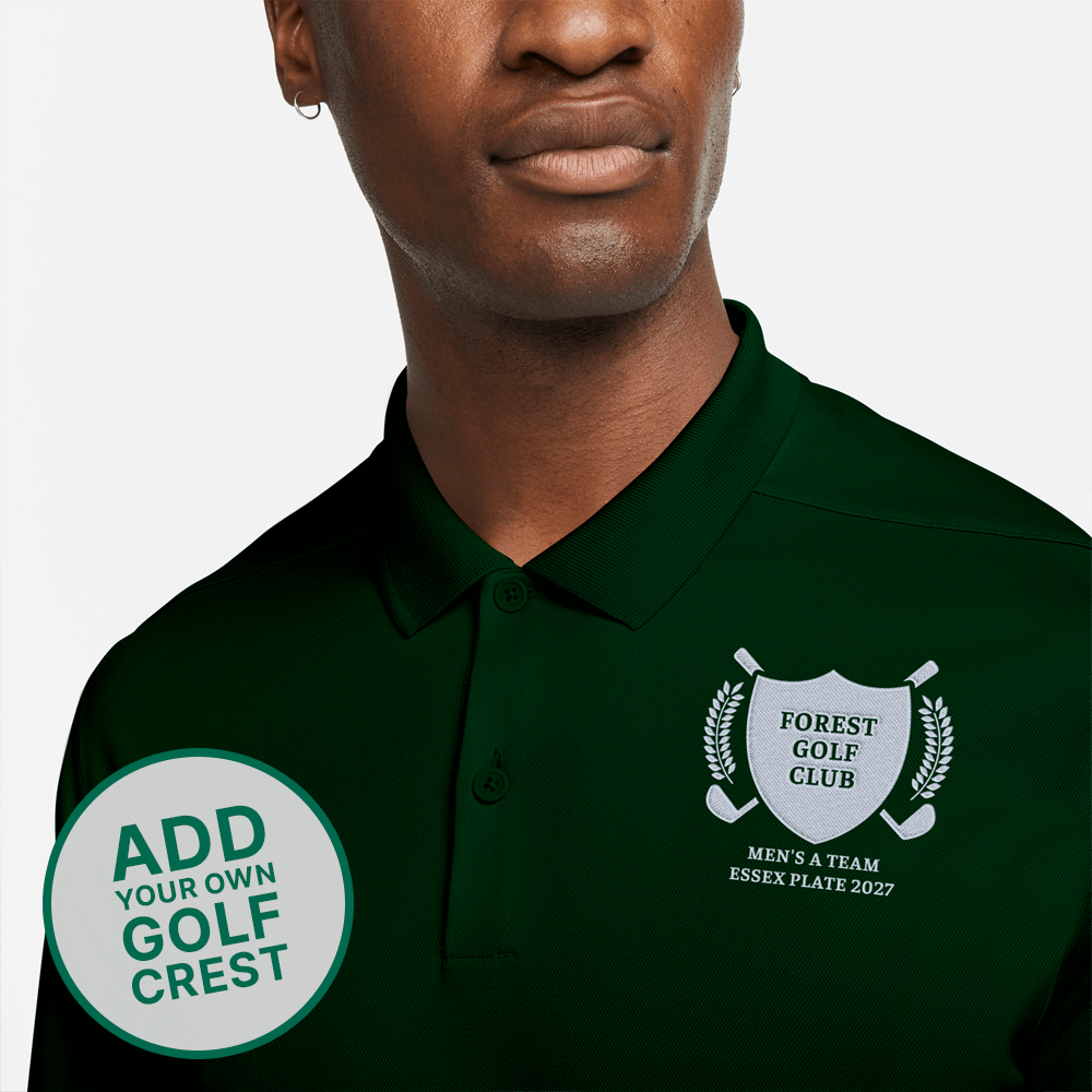 A male model wearing a golf t shirt that has a custom golf crest on it with custom text reading David's 40th, Northumberland, 2026 