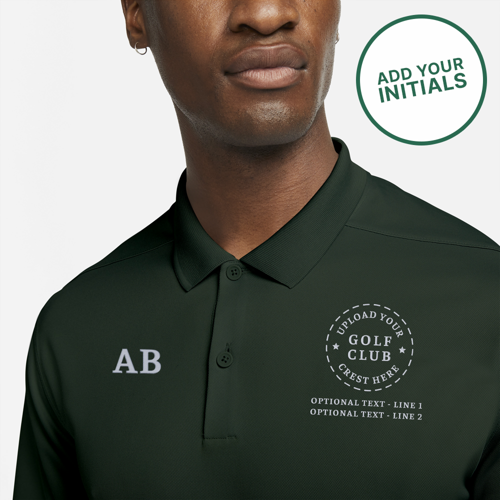 A male model wearing a golf t shirt that has a custom golf crest on it