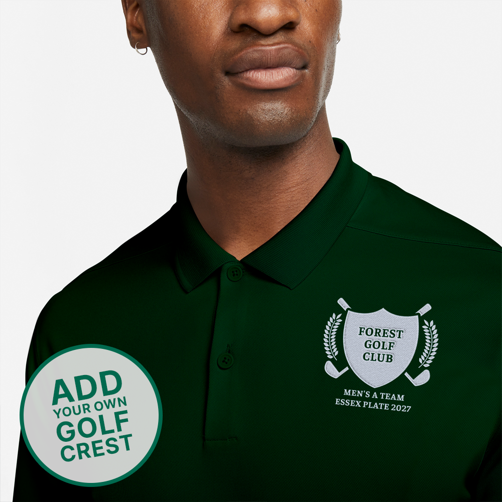 A male model wearing a golf t shirt that has a custom golf crest on it with custom text reading David's 40th, Northumberland, 2026 