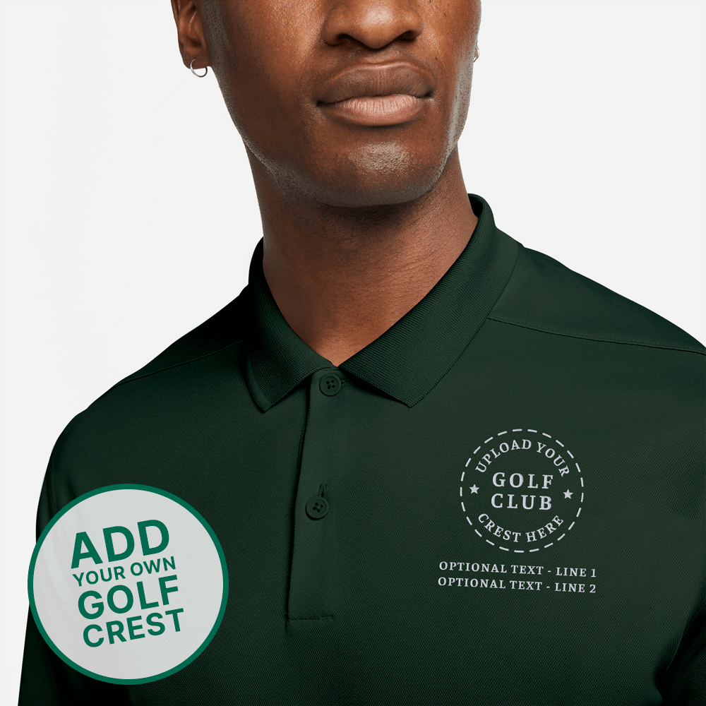 A male model wearing a golf t shirt that has a custom golf crest on it