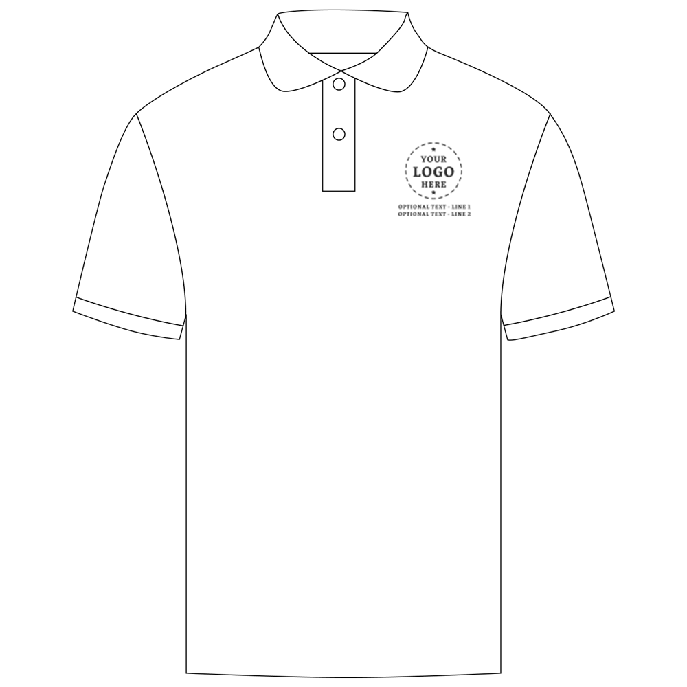 A white golf polo which reads your logo here, optional text line 1, optional text line 2 