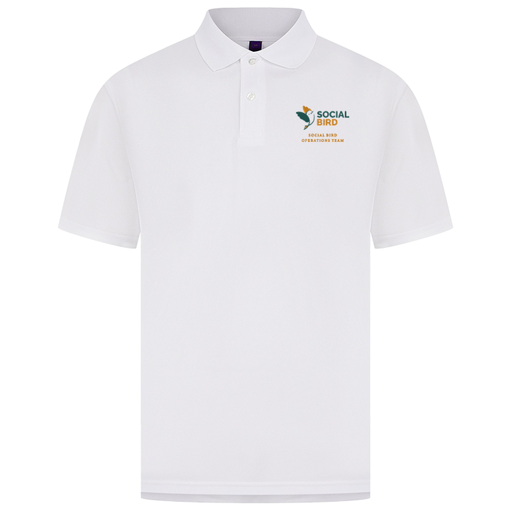 A white golfing t shirt with a golf logo embroidered onto it reading social bird operations team