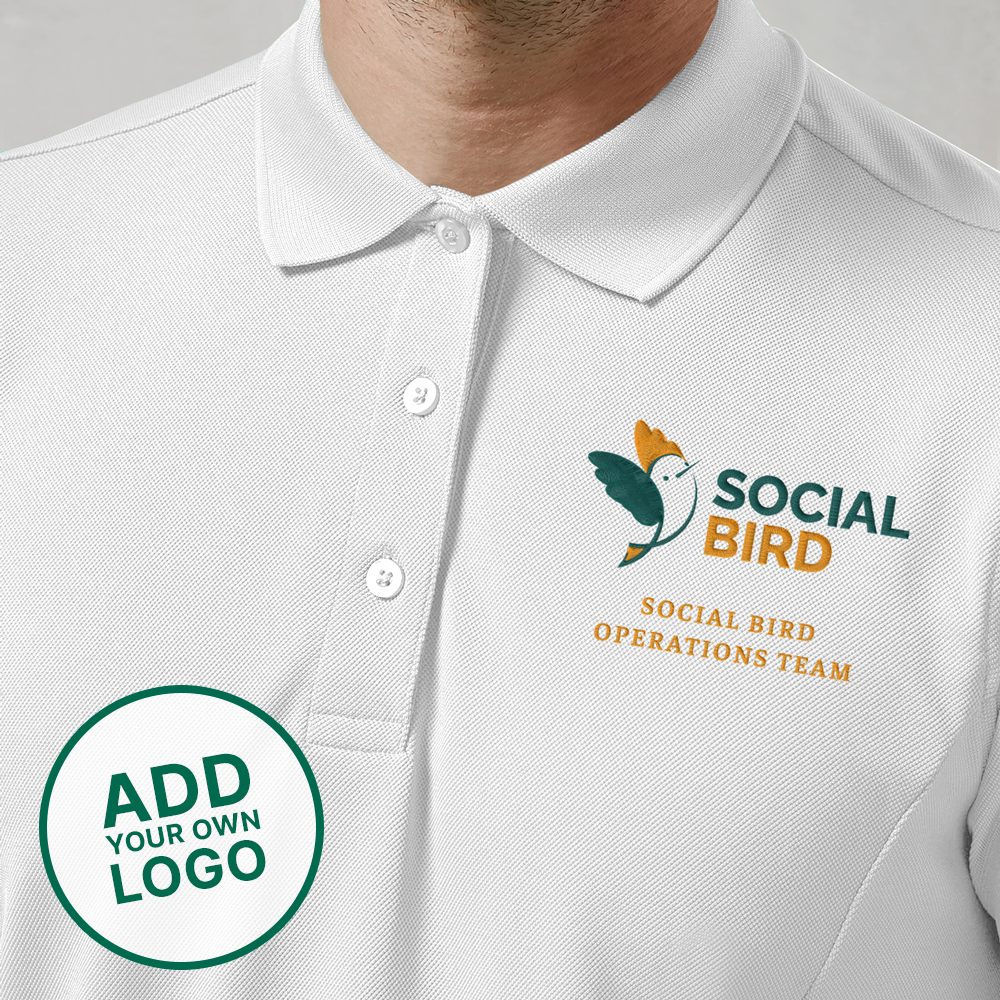 A male model wearing a white golfing shirt with a golf logo embroidered onto it 
