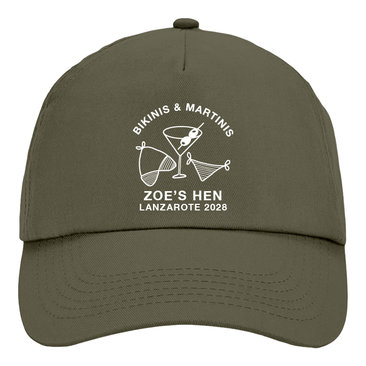 A custom hen do bucket hat in olive green with a Bikinis and Martinis graphic in white and custom text reading Zoe's Hen Lanzarote 2028