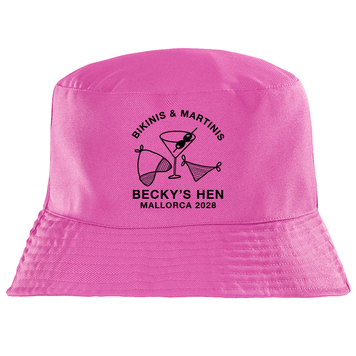 A custom hen do bucket hat in pink with a Bikinis and Martinis graphic in black and custom text reading Becky's Hen Mallorca 2028