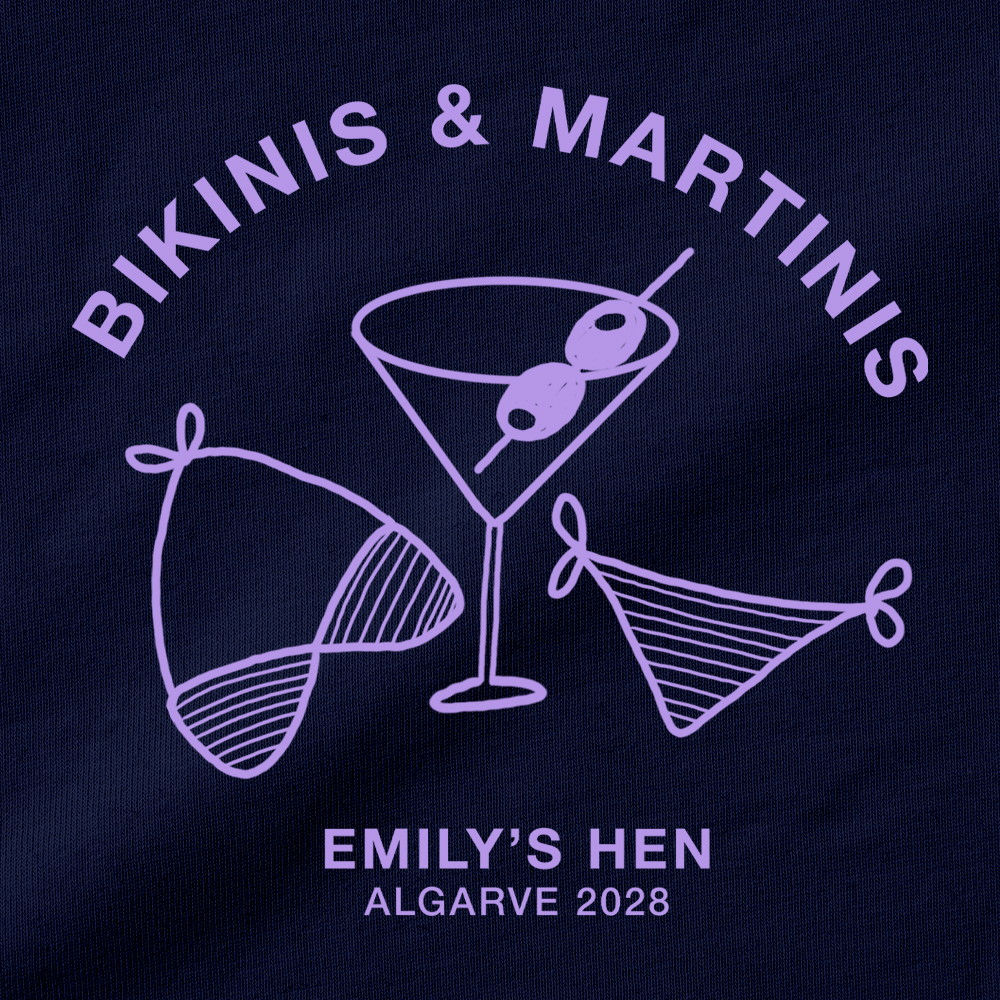 A close up of a pocket design with a bikini and a martini doodles and text reading Bikinis & Martinis Emily's Hen Algarve 2028