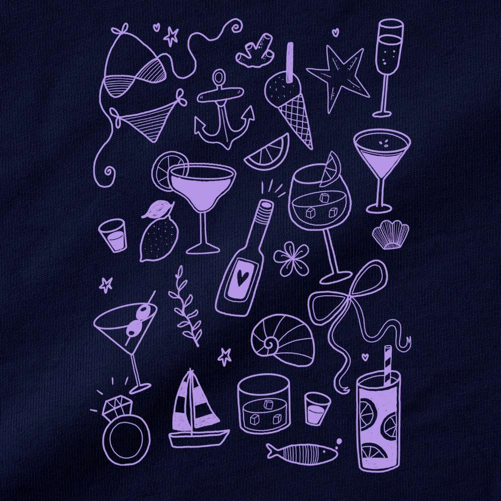 A close up of a doodle design that has doodles such as a bikini, an engagement ring, a sailing boat, an icecream and more