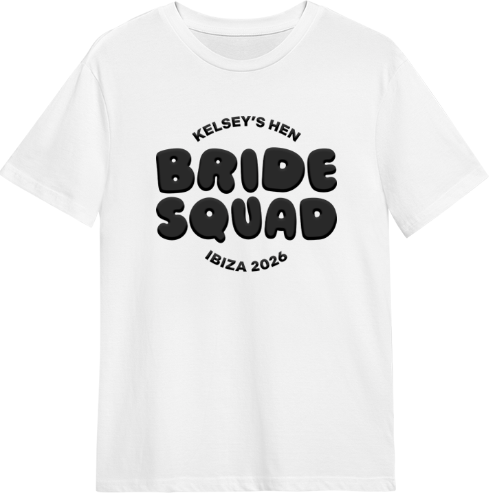 A white hen do shirt with custom 'puff print' bubble writing that reads Kelsey's Hen, Bride Squad, Ibiza 2026 