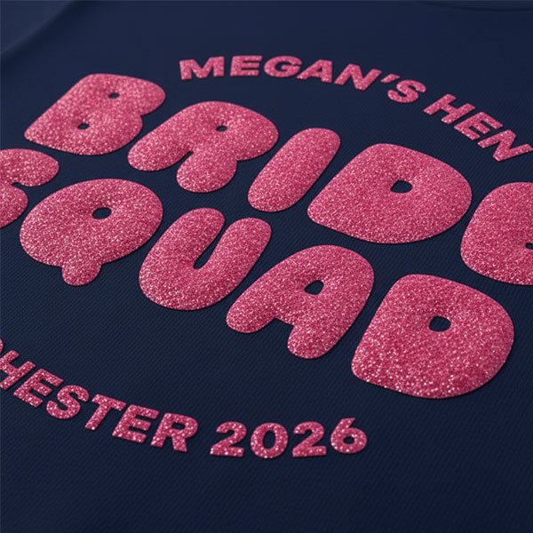 A dark blue hen do t shirt with custom pink glittery 'puff print' bubble writing that reads Megan's Hen, Bride Squad, Chester 2026