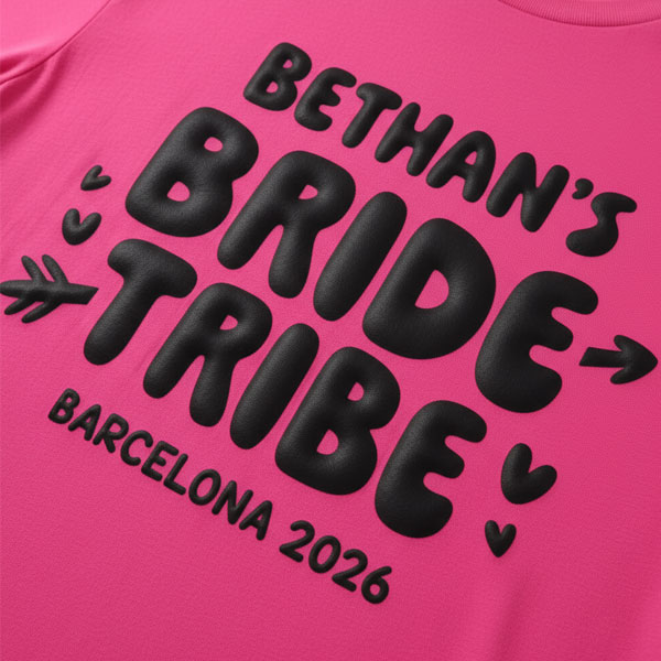 A pink hen do t shirt with custom bubble writing that reads Bethan's bride tribe, Barcelona 2026