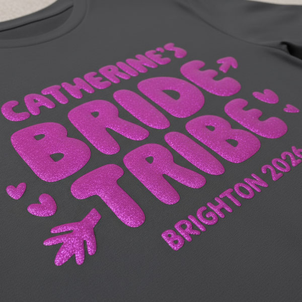 A black hen do t shirt with custom purple glittery bubble writing that reads Catherine's bride tribe, Brighton 2026