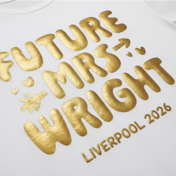 A white hen do shirt with custom metallic gold 'puff print' bubble writing that reads Future Mrs Wright, Liverpool 2026