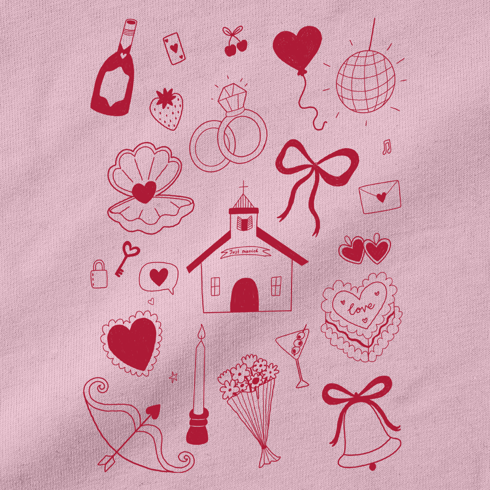 A close up of a doodle design with doodles such as a chapel, champagne bottle, strawberry, discoball and more