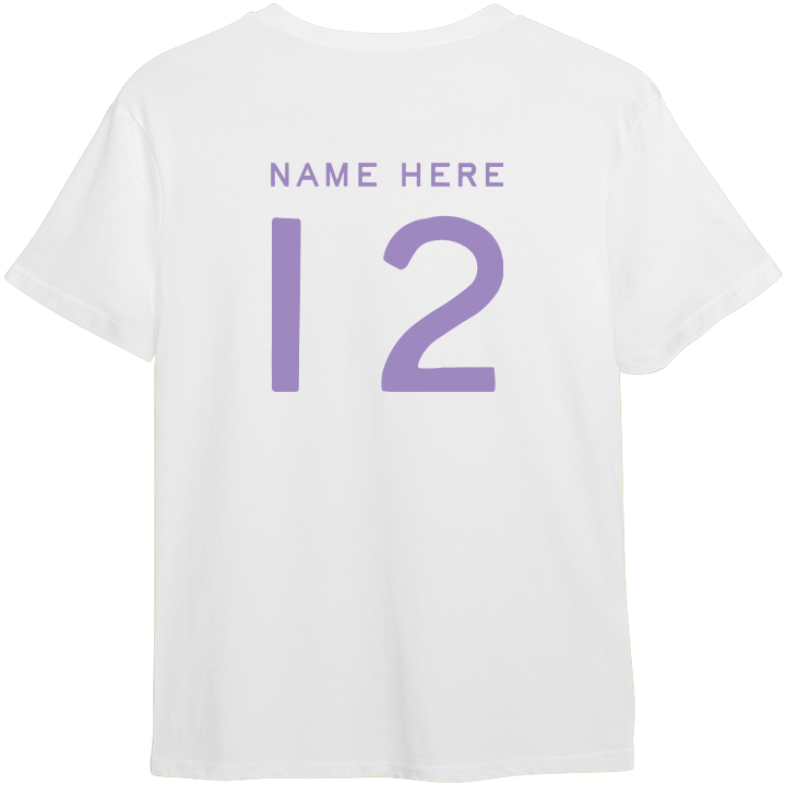 The back of a white t-shirt that reads name here, 12