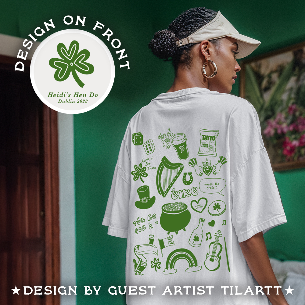 The back of a St Paddy's themed hen do t-shirt that has various St Patrick themed doodles including a clover, a pot of gold, the Guinness harp and more. 