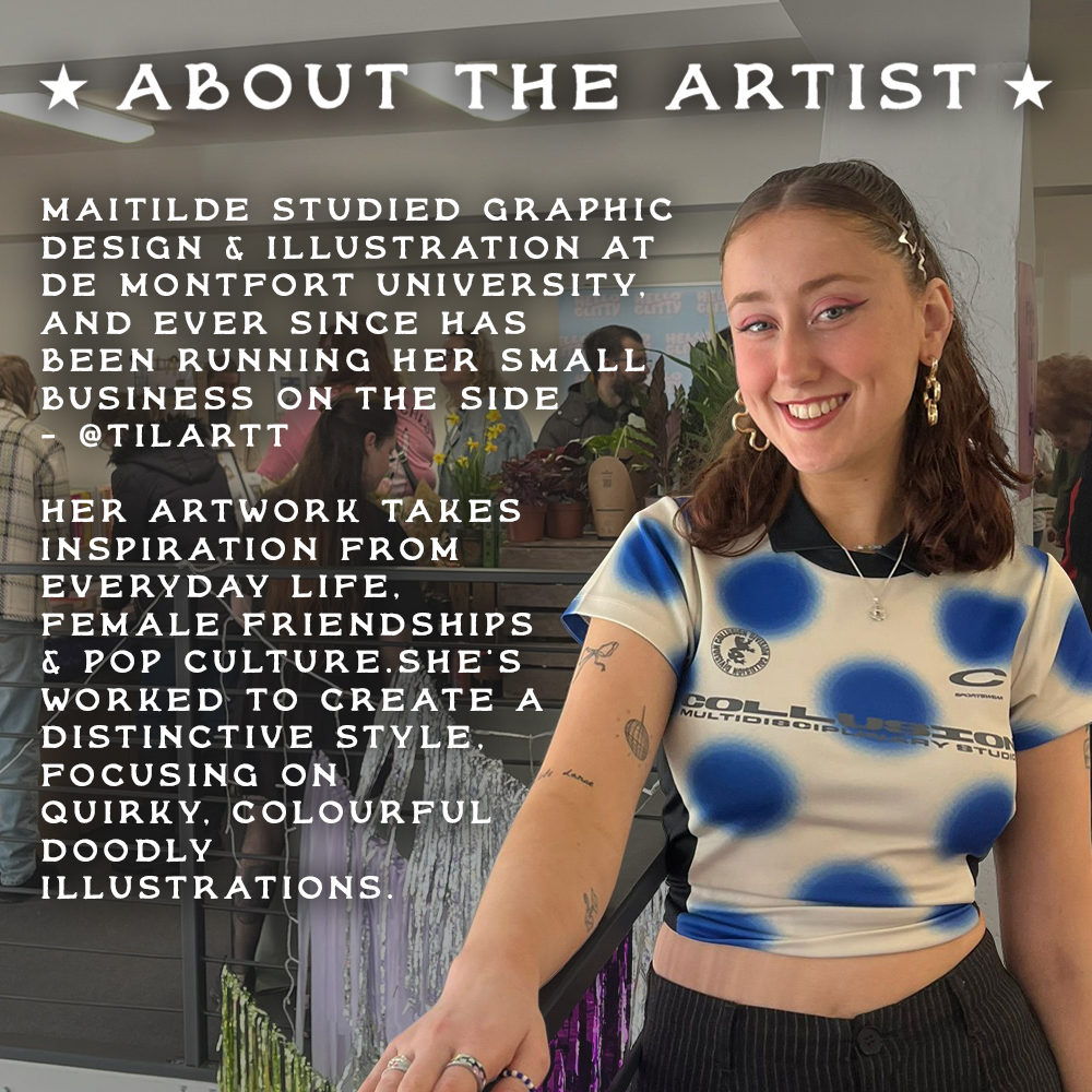 An about the artist pic with a white woman with brown hair and detail about how she studied design & illustration at De Montfort University