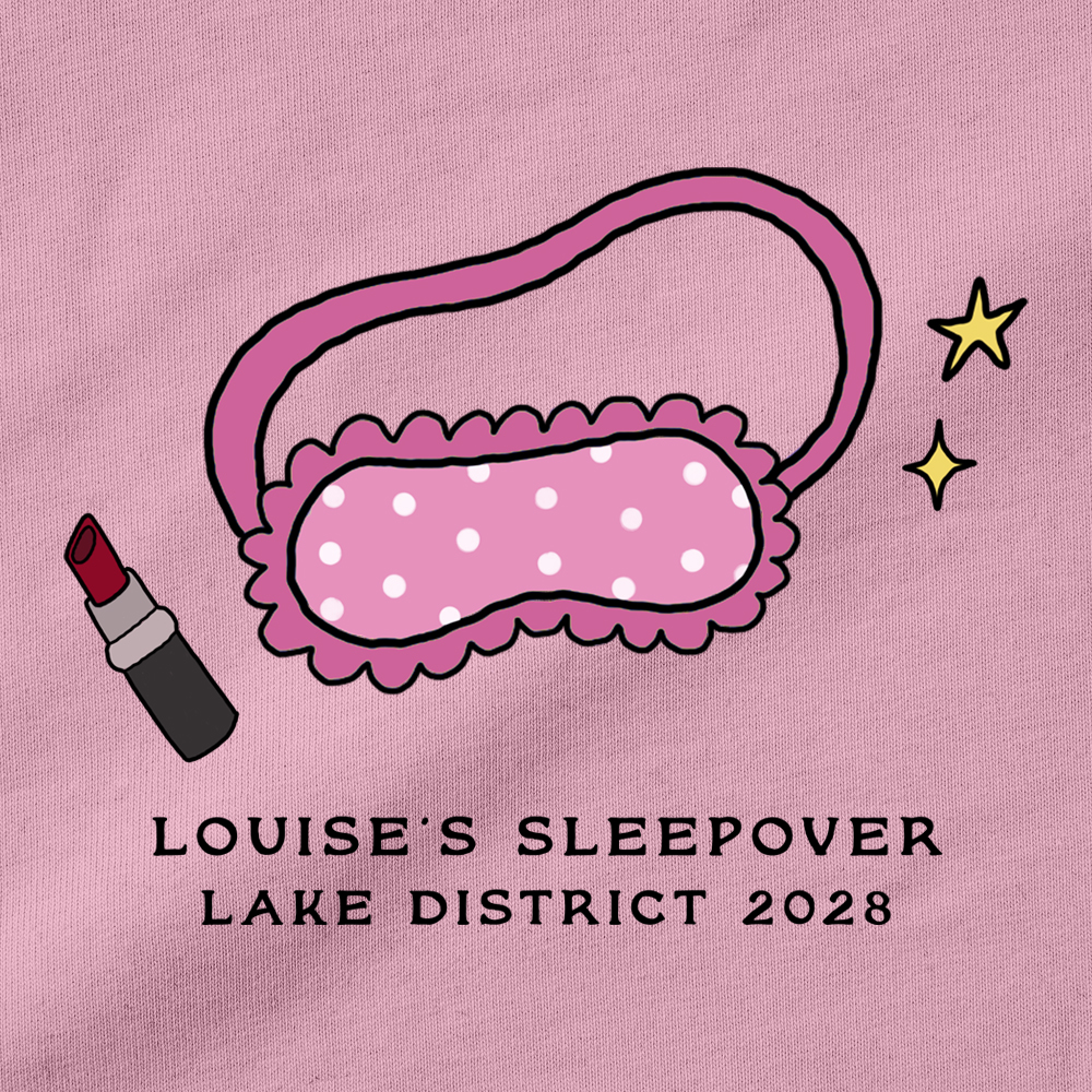 A close up of a pocket design that has a sleeping mask and a lipstick with the custom text Louise's Sleepover Lake District 2028