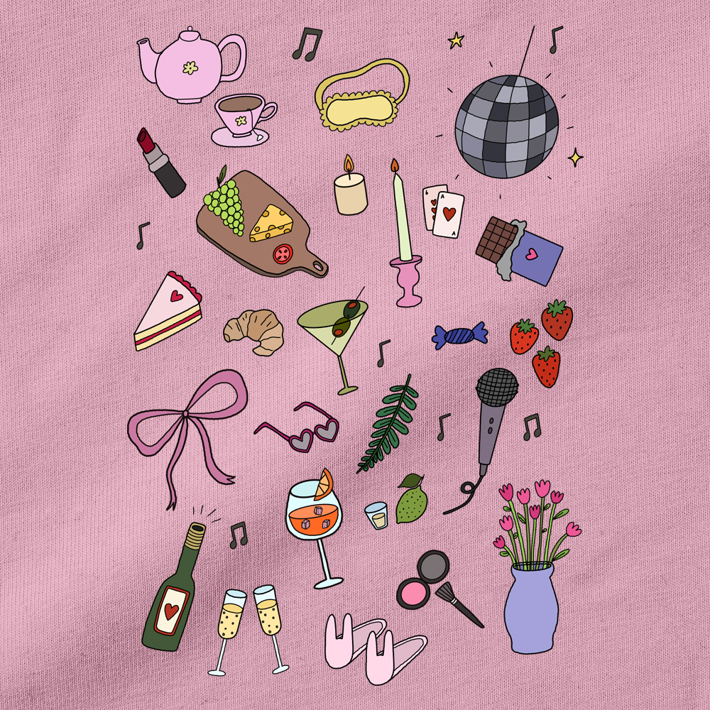 A close up of a custom hen do t-shirt with a doodle design with sleepover-themed doodles including a lipstick, a cheeseboard, a candle, some strawberries, a vase of flowers and more. 