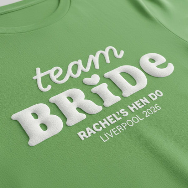 A green hen do shirt with custom white 'puff print' bubble writing that reads Team Bride, Rachel's Hen Do, Liverpool 2026