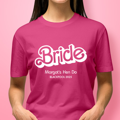 A blue and pink t-shirt with editable text that reads Bride Squad, Anna’s Hen Do, Marbella 2026