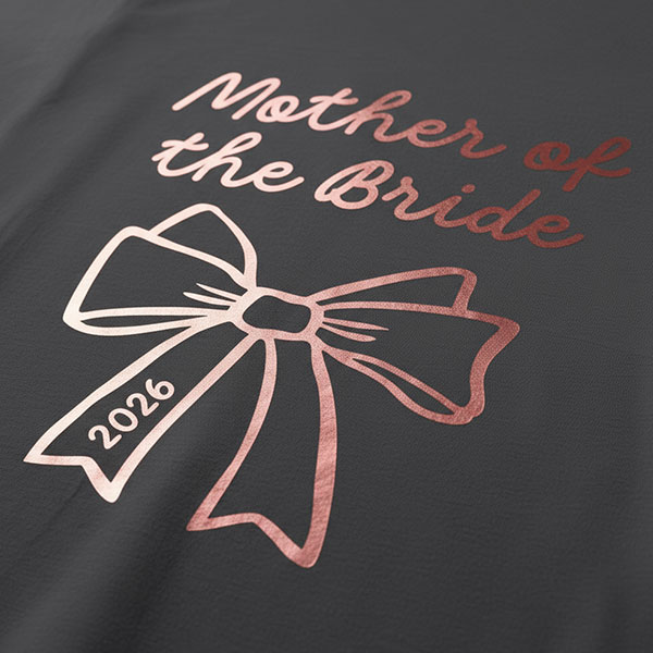 A black hen do shirt with a shiny pink foil bow which has the custom text Mother of the Bride above it and 2026 in the bow 