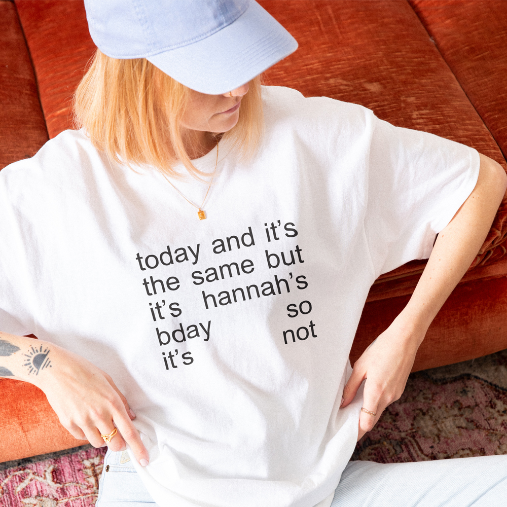 A blue and pink t-shirt with editable text that reads Bride Squad, Anna’s Hen Do, Marbella 2026