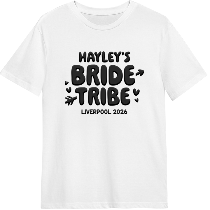 A white hen do t shirt with custom bubble writing that reads Hayley's Bride Tribe, Liverpool 2026 