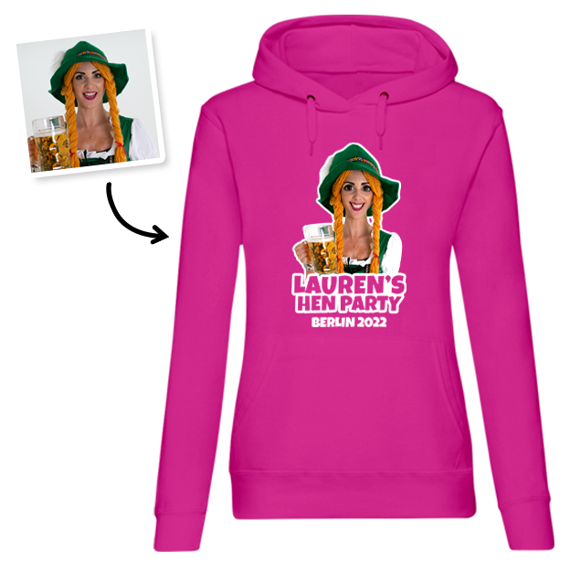 Hen Do Caricature from Photo T-shirt – Caricature, Text, Location on Pink Hoodie