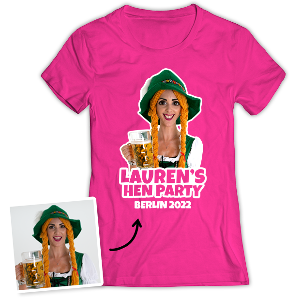 Hen Do Caricature from Photo T-shirt – Caricature, Text, Location on Pink T-shirt