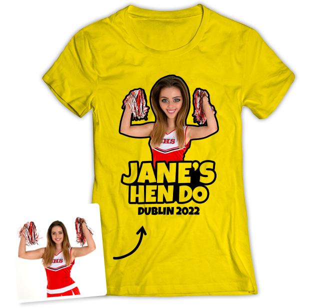 Hen Do Caricature from Photo T-shirt – Caricature, Text, Location on yellow T-shirt
