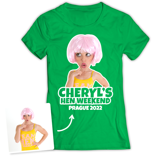 Hen Do Caricature from Photo T-shirt – Caricature, Text, Location on green T-shirt