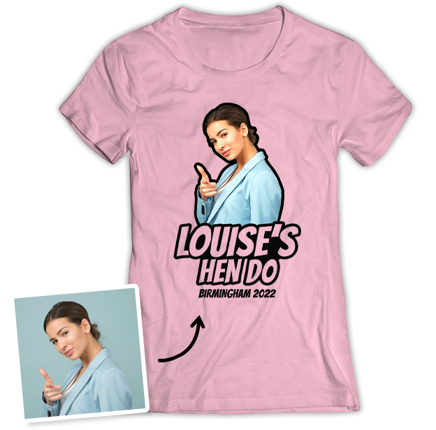 Hen Do Photo T-shirt – Photo, Text, Location on Light Pink T-shirt
