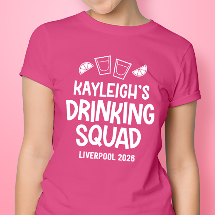 A blue and pink t-shirt with editable text that reads Bride Squad, Anna’s Hen Do, Marbella 2026