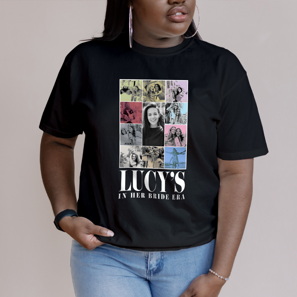 The front of a pink t-shirt with a Taylor Swift themed eras tour design on it with several images of the bride and her friends